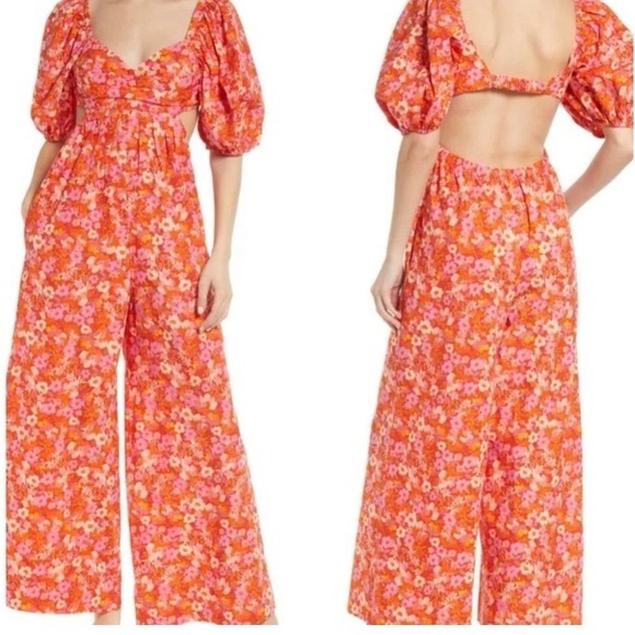 Free People Pants - NWT Free People Amy Red Pink Floral Puff Sleeve Open Back Romper Jumpsuit
